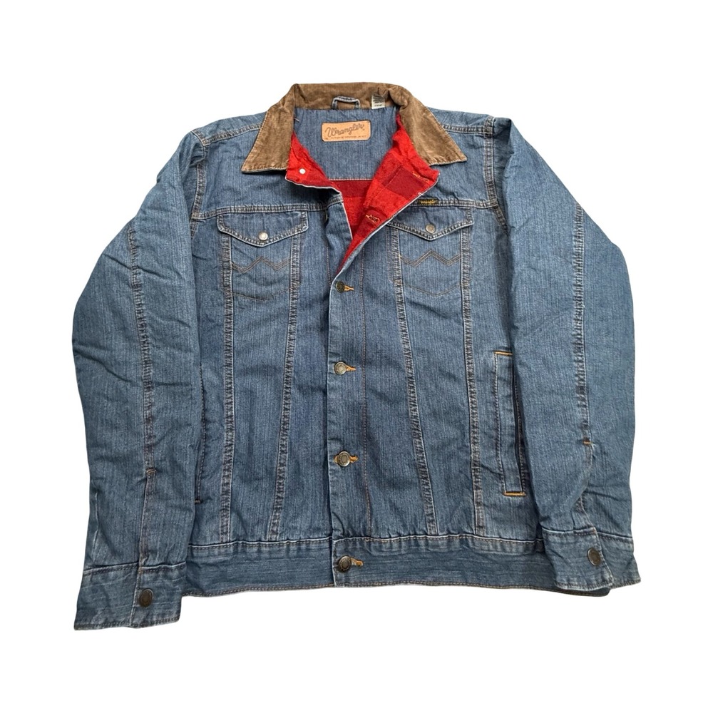 Wrangler Denim Jacket Mens XL Blue Plaid Lined Corduroy Collar Western